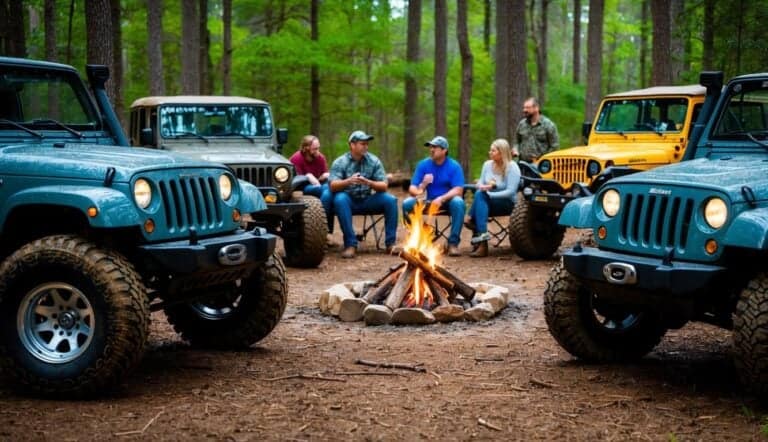 Dirt Roads, Big Money: Inside The Billion-Dollar Off-Roading Boom 1 photo of Jeeps, ATVs, UTVs, side by sides around a campsite in the woods. These vehicles have been offroading and covered in mud. Now people have a camp fire and are relaxing and telling stories about their day of offroad fun.